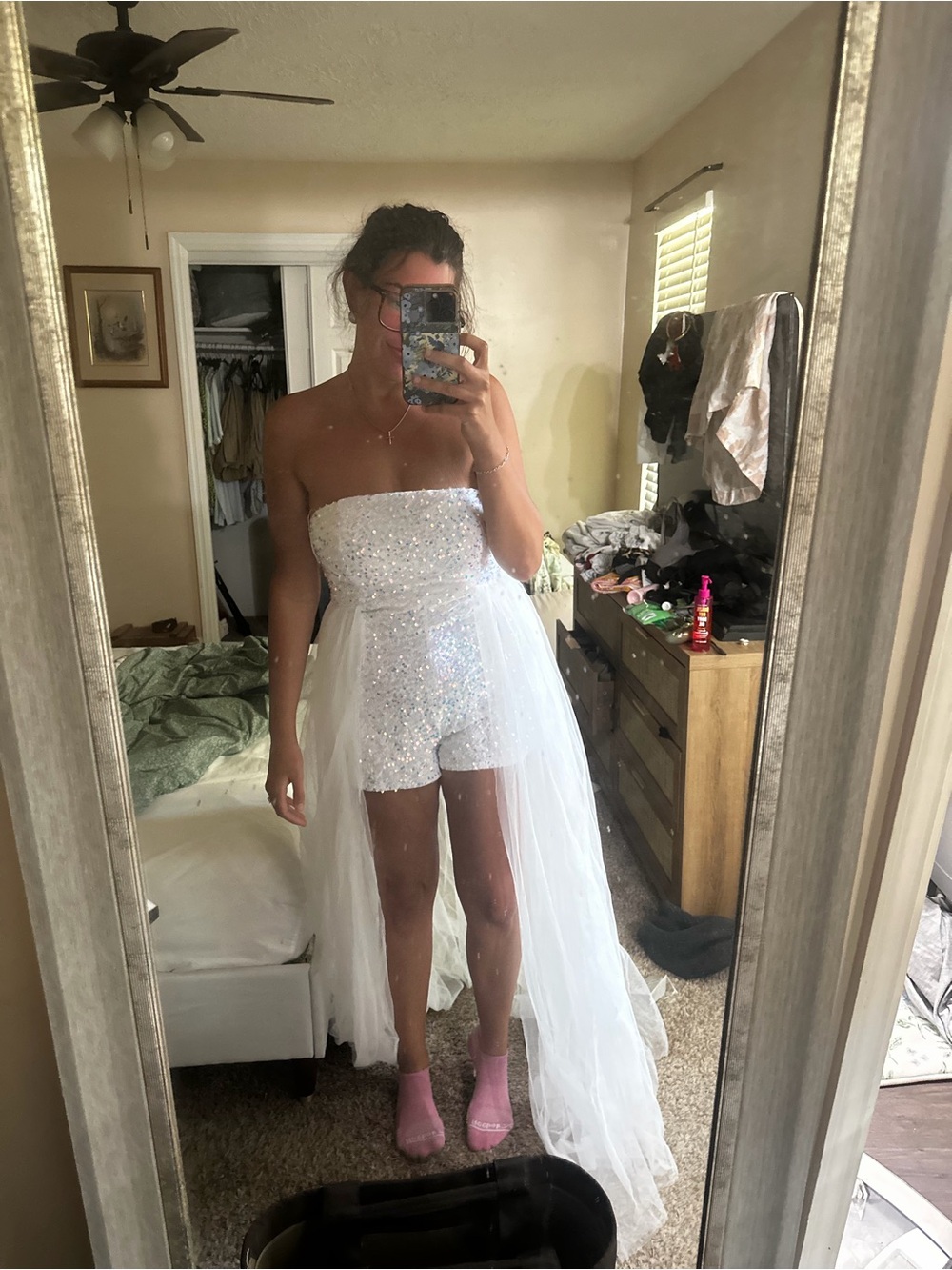 Strapless Sequin Romper with Sheer Train - White